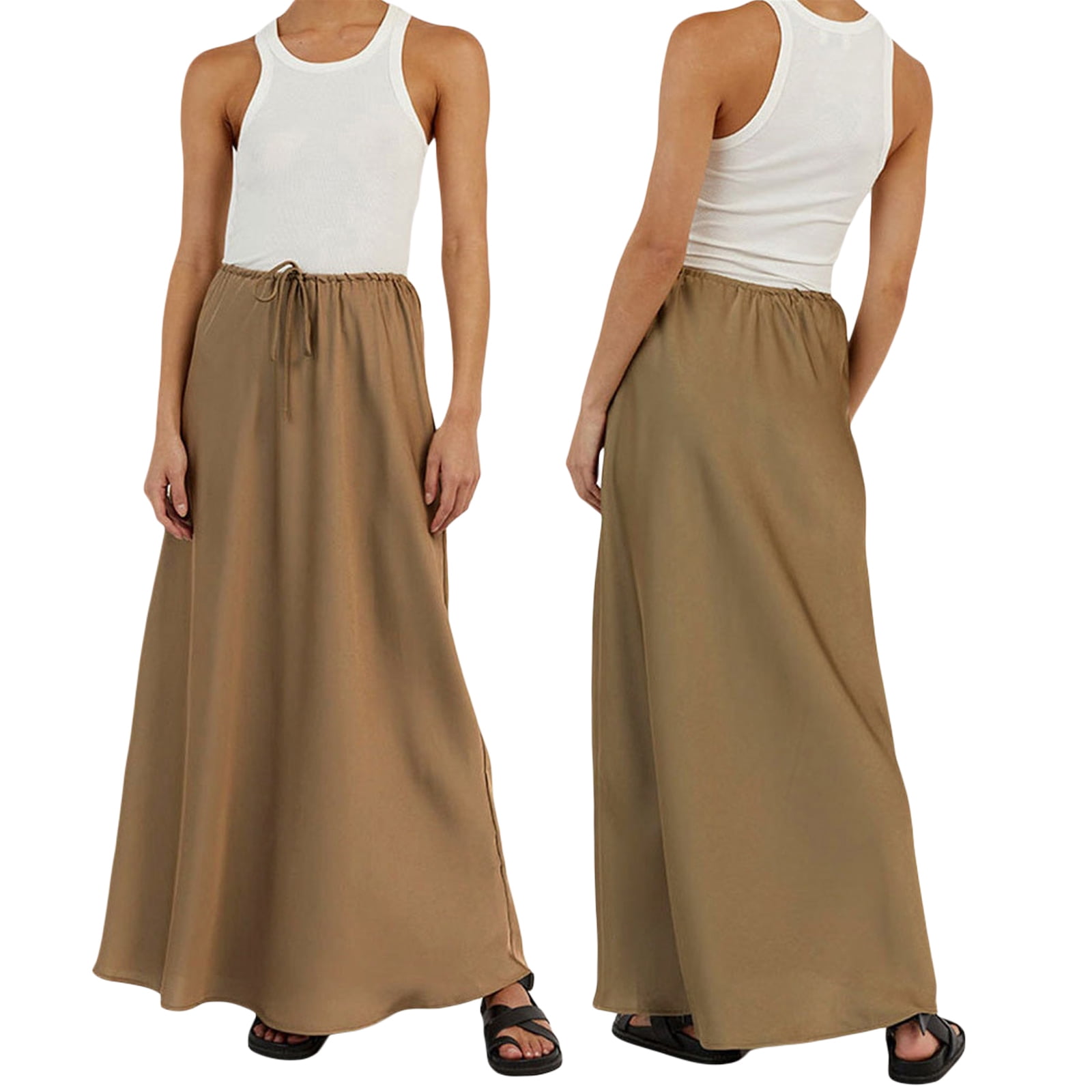 Hirigin Woman Drawstring High Elastic Waist Maxi Long Skirt A Line ...