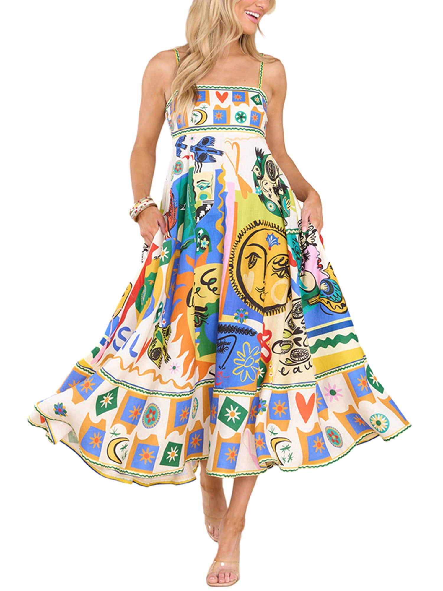 Hirigin Women Boho Graffiti Cami Long Dress Graphic