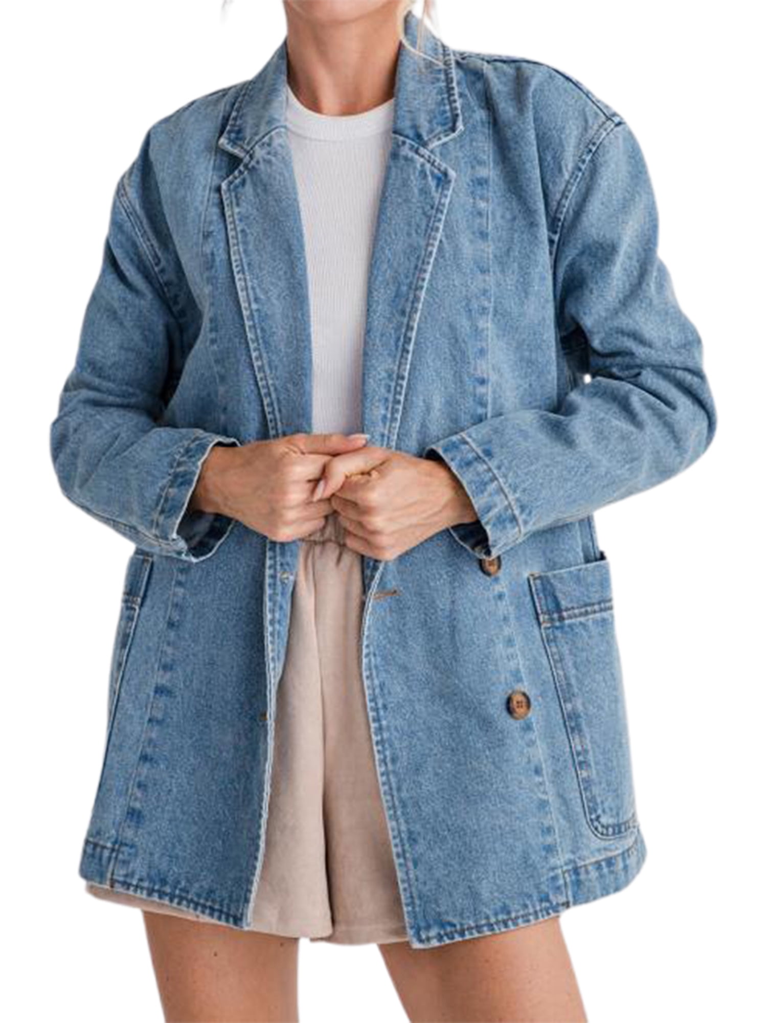 Hirigin Women Denim Blazer, Long Sleeve Lapel Collar Button Solid Light ...