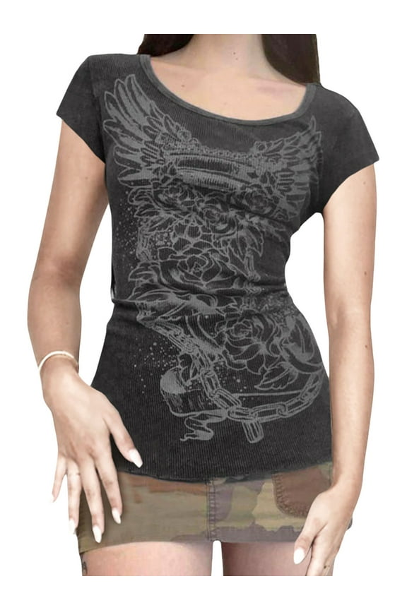 Hirigin Women E-Girls Y2k Fairy Grunge T-Shirt Short Sleeve Crewneck Tee Tops Aesthetic Summer Clothes