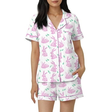 Hirigin Women Easter Pajamas Set Bunny Print Short Sleeve Button Down Sleepwear with Shorts Y2K Loungewear Pjs Set