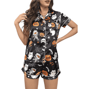 HIRIGIN Women Halloween Pajama Set, Ghost Pumpkin Print Top with Shorts