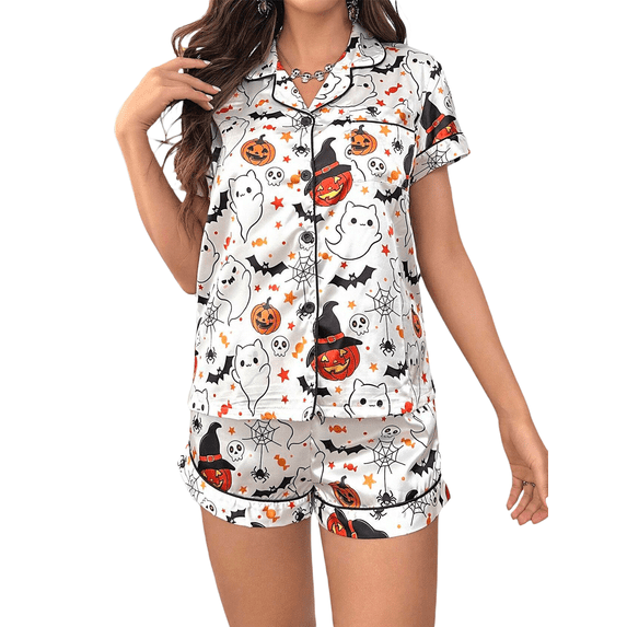 Hirigin Women Halloween Pajama Set, Ghost Pumpkin Print Top with Shorts