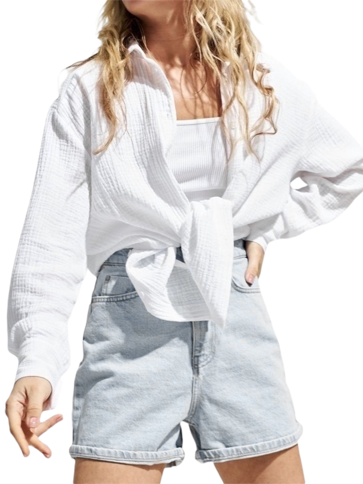 Hirigin Women Sheer Button Up Blouse Sexy Collared Shirts Mesh Flare