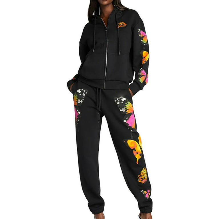 Hirigin Women Tracksuit Set Zipper Up Hoodies + Jogger Pants 2Pcs Outfit  Sets