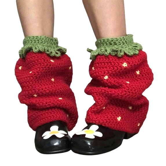Hirigin Women Y2k Strawberry Leg Warmers Knee High Socks Knit Aesthetic Boot Cuffs Japanese Kawaii Streetwear Leg Cover