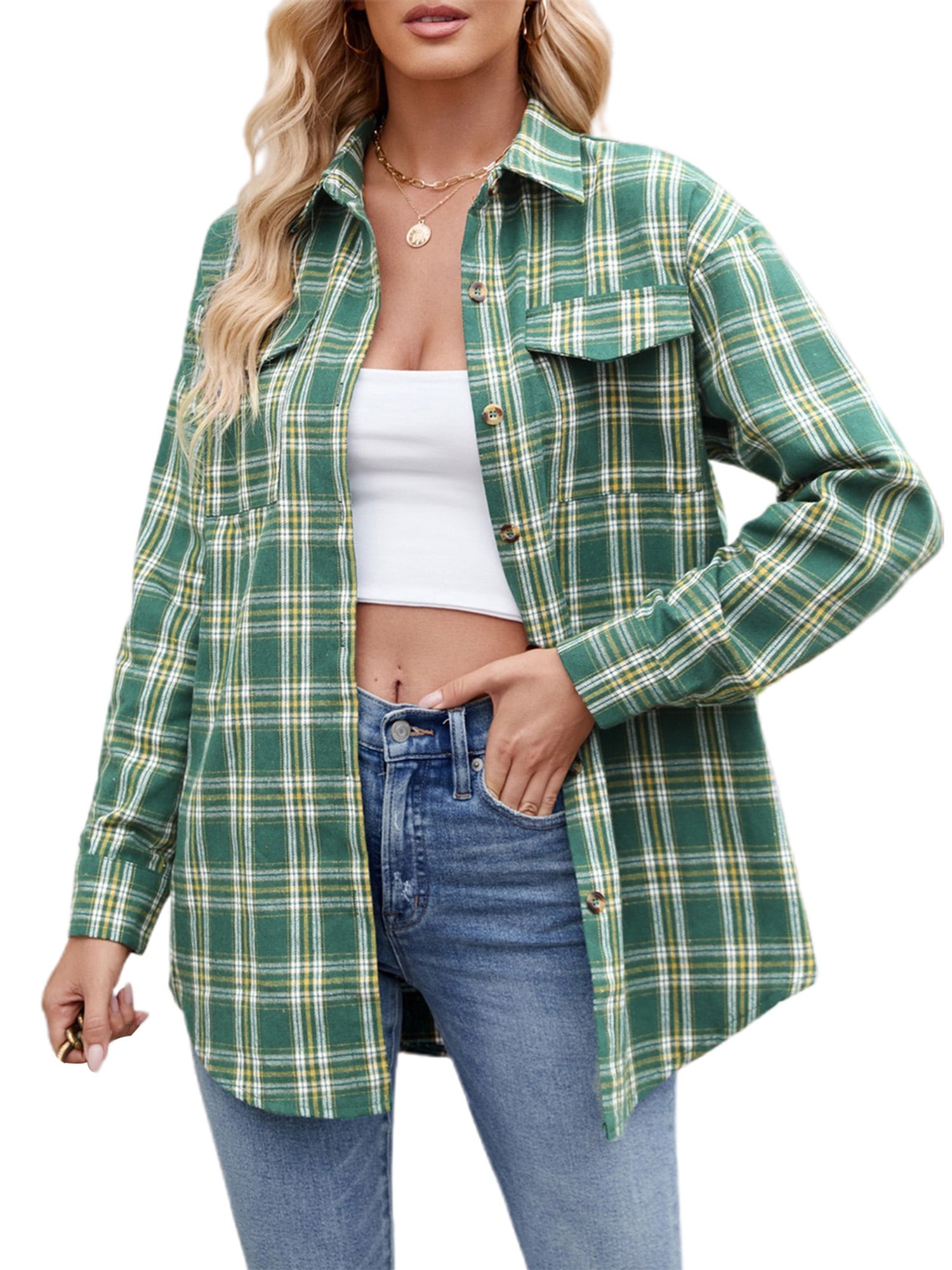 Green Plaid Button Down Long Sleeve Shirt for Women - Concetta