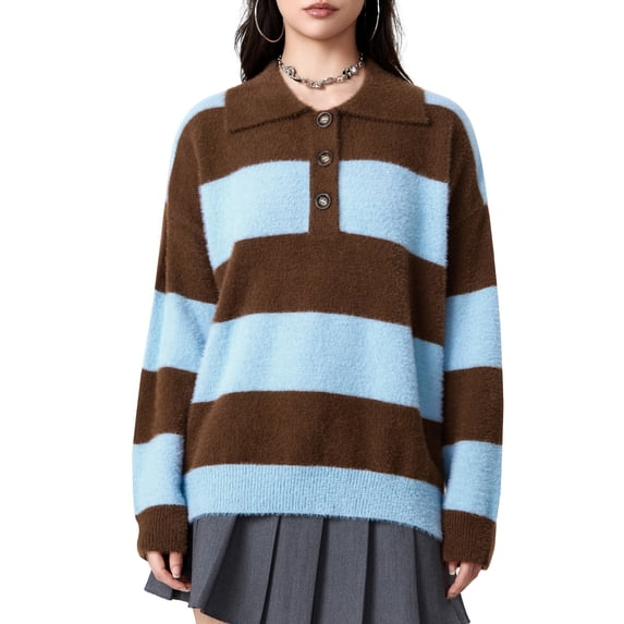 Hirigin Women's Long Sleeve Loose Sweaters Stylish Cozy Contrast Color Wide Striped Casual Knitted Pullover