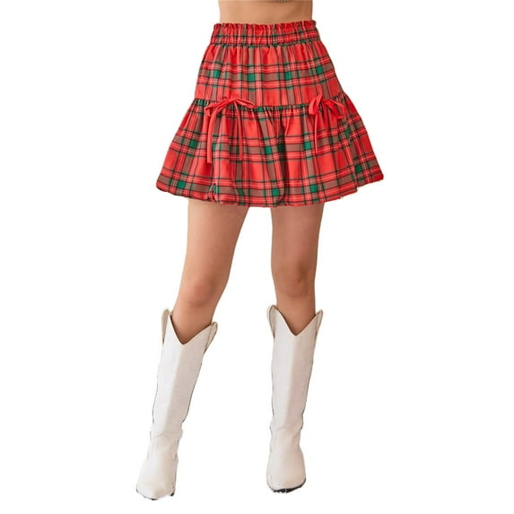 Hirigin Women's Mini Bubble Hem Skirt Bows Contrast Color Plaid Pattern Summer Elastic High Waist Short Skirt