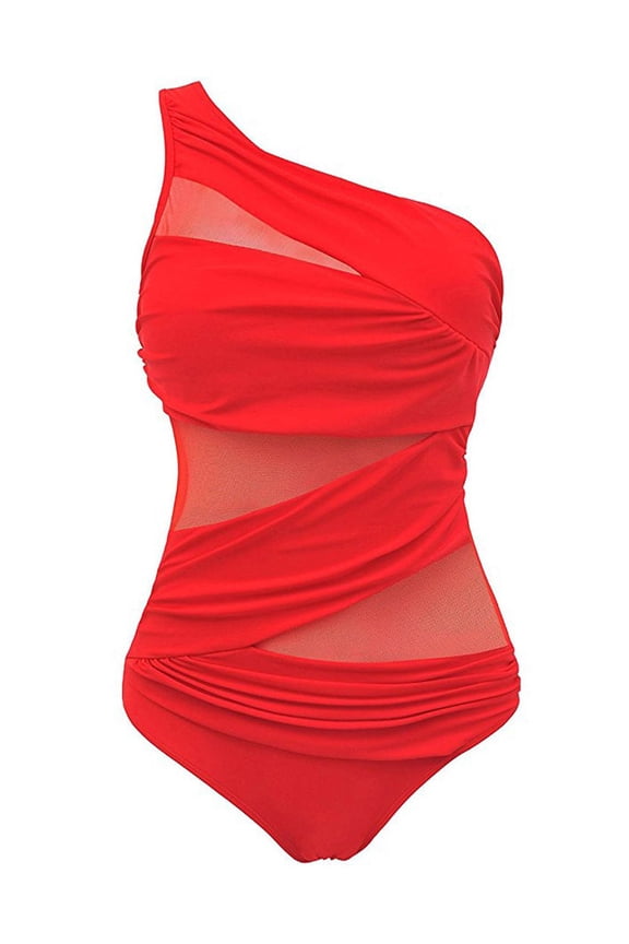 Women's One-Piece Swimsuits Tummy Control Bikini Push-up Swimsuit Mesh One Shoulder Bathing Suit Swimwear