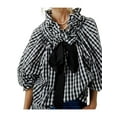 thumbnail image 1 of Hirigin Women's Spring Fall Stripe Print Shirt Ruffled Collar Lantern Sleeve Loose Blouse Casual Elegant Tops, 1 of 7