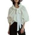 thumbnail image 1 of Hirigin Women's Spring Fall Stripe Print Shirt Ruffled Collar Lantern Sleeve Loose Blouse Casual Elegant Tops, 1 of 8