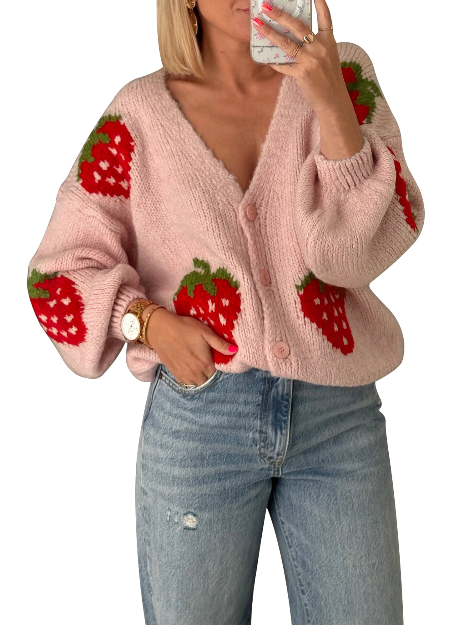 Orange Strawberry Print V-Neck Colorblock Cardigan