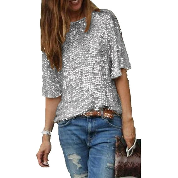 Hirigin Women's Summer Casual Glistening Sequin Crew Neck Shirt Tops Party