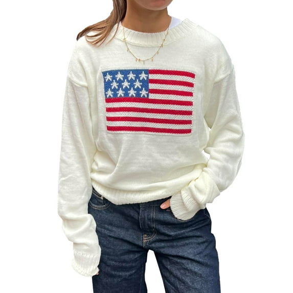 Hirigin Womens American Flag Sweater Knit Long Sleeve Crew Neck Graphic Elegant Soft Loose Pullover