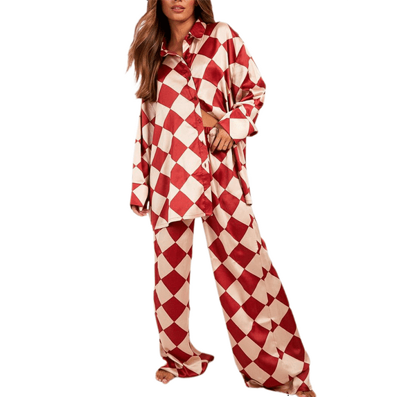Hirigin Womens Silk Satin Checkerboard Print Loungewear Set Long Sleeve Lapel Button Down Oversized Sleepwear
