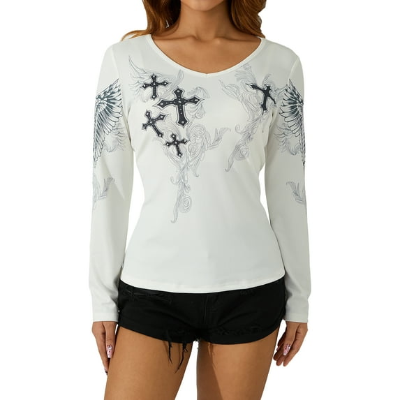 Hirigin Y2K Fairy Grunge Graphic Shirt for Women Long Sleeve Vintage Crop Top Aesthetics Tees Shirt Streetwear