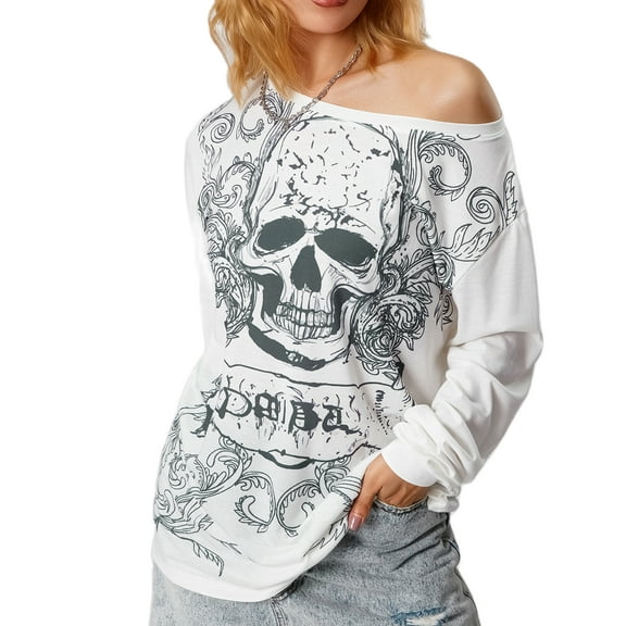 Hirigin Y2K Fairy Grunge Skull Shirts for Women Teens Girls Slant Shoulder Punk Graphic Oversized Tee Shirts Tops Halloween Clothes