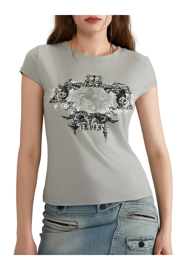 Y2k Fairy Crop Tops for Women Cute Graphic Print Baby Tee T-Shirt E Girl Clothing Aesthetic