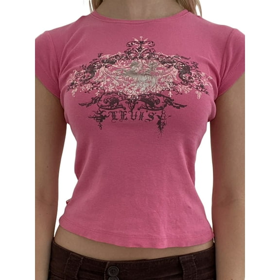 Hirigin Y2k Fairy Crop Tops for Women Cute Graphic Print Baby Tee T-Shirt E Girl Clothing Aesthetic