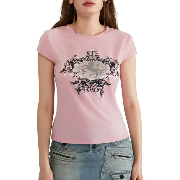 Hirigin Y2k Fairy Crop Tops for Women Cute Graphic Print Baby Tee T-Shirt E Girl Clothing Aesthetic