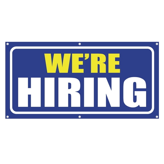 We Are Hiring 13 oz Heavy Duty Vinyl Banner Outdoor/Indoor Help Wanted Sign for Business, Storefront with Metal Grommets, Single-Sided (1.5x5 ft, Bl & Ye & Wh)