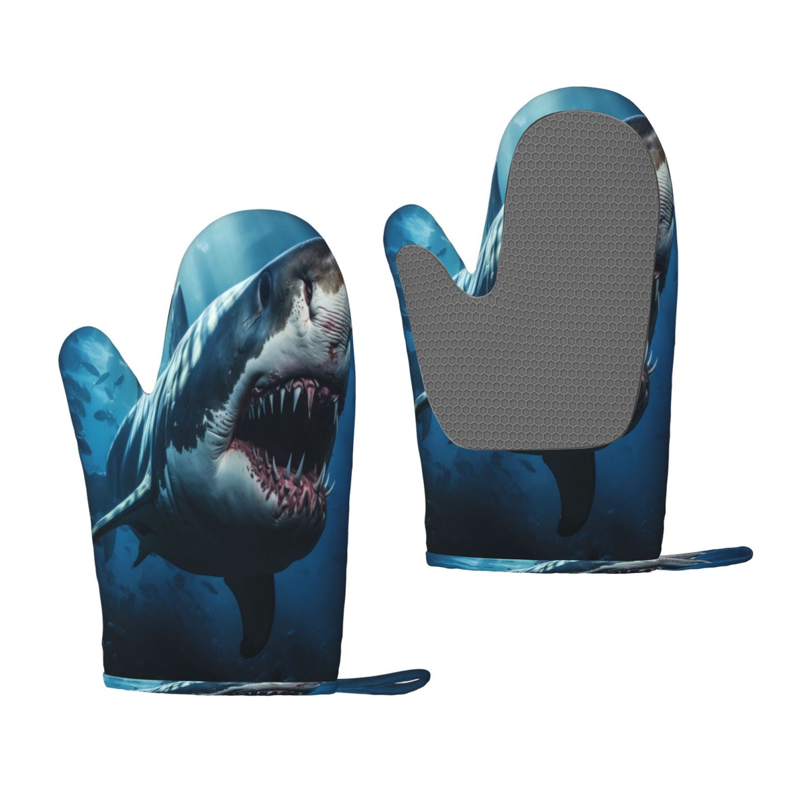 Hirioo 3D Realistic Shark for Silicone Oven Mitts for BBQ, Baking, Cooking, Set of 2, Heat Resistant 260℃, Non-Slip Kitchen Essentials