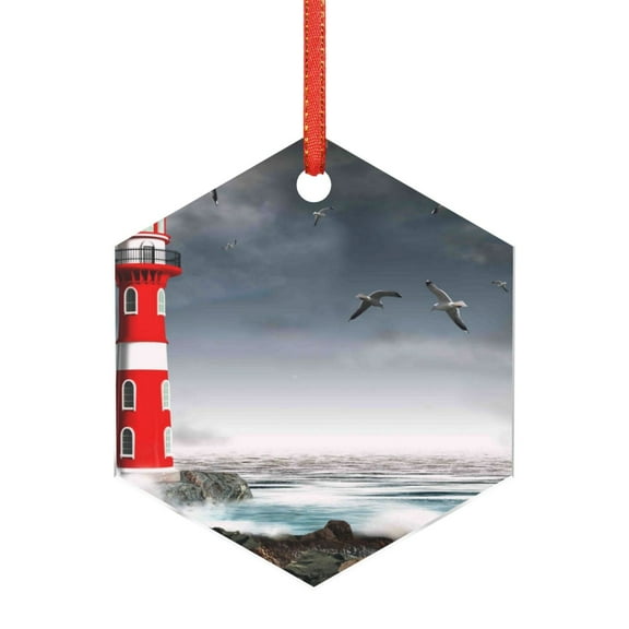 Hirioo 3d Lighthouse in the Surf for Acrylic Christmas Pendant Hanging Christmas Tree Ornaments, Car, Home, Office Gift Decor-Hexagon
