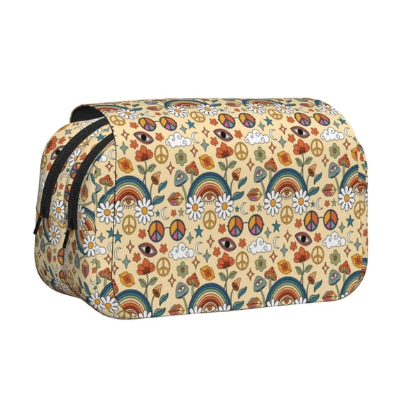 Hirioo 70s Hippie Style for Large Grid Mesh Pencil Case with Zipper Stationery Organizer Case