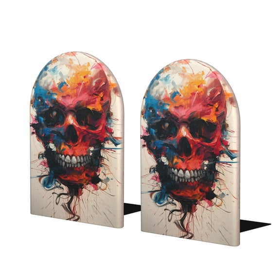 Hirioo Abstract Colorful Skull Art for Bookends Decorative Bookends for Shelves for Home or Office, Non-Slip Base