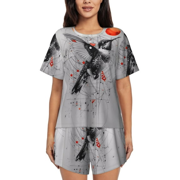 Hirioo Abstract Geometric Hummingbird for Women's 2 Piece Short-Sleeved Pajama PJ Sets for Women Shorts with Pockets Womens Lounge Set-XX-Large