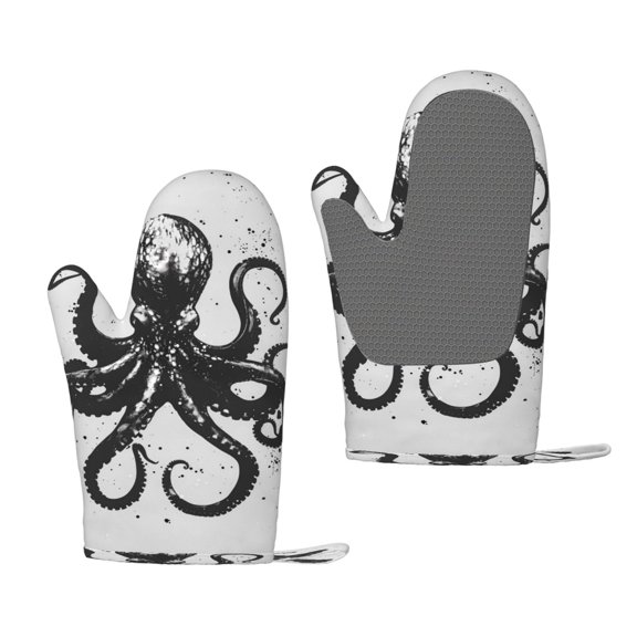 Hirioo Abstract Ink Octopus for Silicone Oven Mitts for BBQ, Baking, Cooking, Set of 2, Heat Resistant 260, Non-Slip Kitchen Essentials