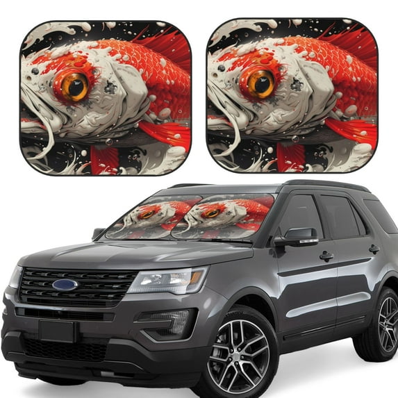 Hirioo Abstract Red Koi Fish Art for 2PCS Windshield Sun Shade Foldable | Front Windshield Shade for Sun, Heat and UV Rays-Large