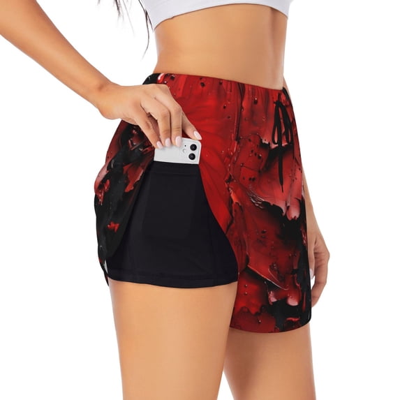 Hirioo Abstract Red Textured Canvas for Women's Double Layer Athletic Shorts High-Performance Gym Shorts with Inner Pocket, Elastic Waistband-XX-Large