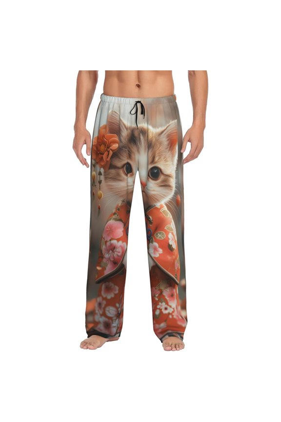 Adorable Kitten In Kimono for Men's PJ Pajama Pants Sleep Pants Men's Home Trousers with Pockets,S-3XL-3X-Large