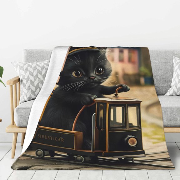 Hirioo Adorable Kitten On Mini Train for Flannel Blanket, Cozy and Warm Throw for Bed or Couch ,Perfect for All Seasons-80"x60"
