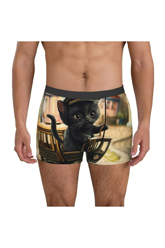 Adorable Kitten On Mini Train for Men's Boxer Briefs Men Cotton Underwear Boxer Briefs Panties-Medium