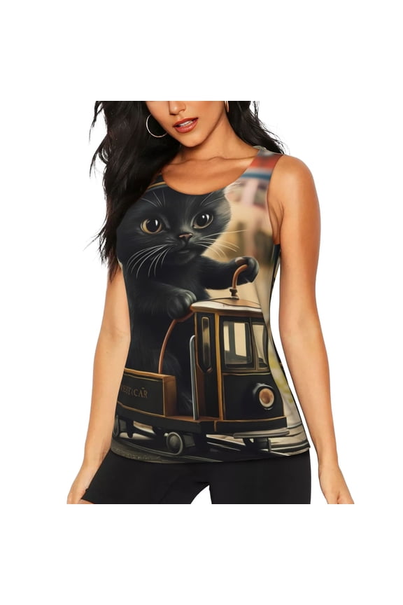 Adorable Kitten On Mini Train for Women's Workout Tank Top Sleeveless Workout Tops Athletic Gym Shirts-Medium
