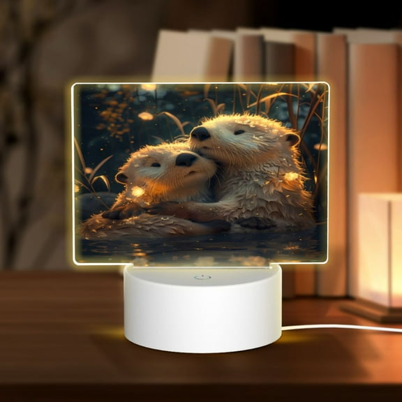 Hirioo Adorable Otter Pair Hug for Rectangular Acrylic with Night Light Best Gifts for Lover Girl Mom, Valentine's Day Anniversary Birthday Wedding Present