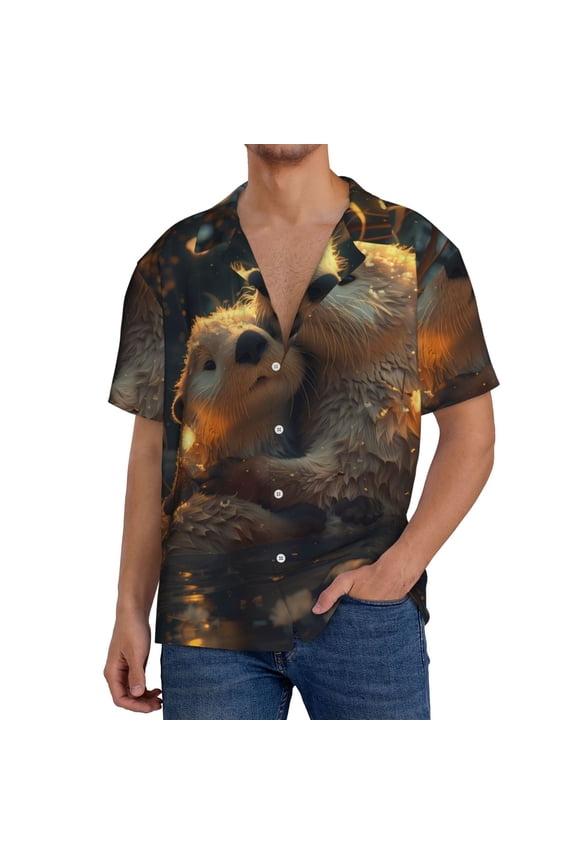 Adorable Otter Pair Hug for Men's Cuban Collar Short Sleeve Shirt Button Down Shirt Beach Summer Shirts Wedding Vacation Shirts-Large