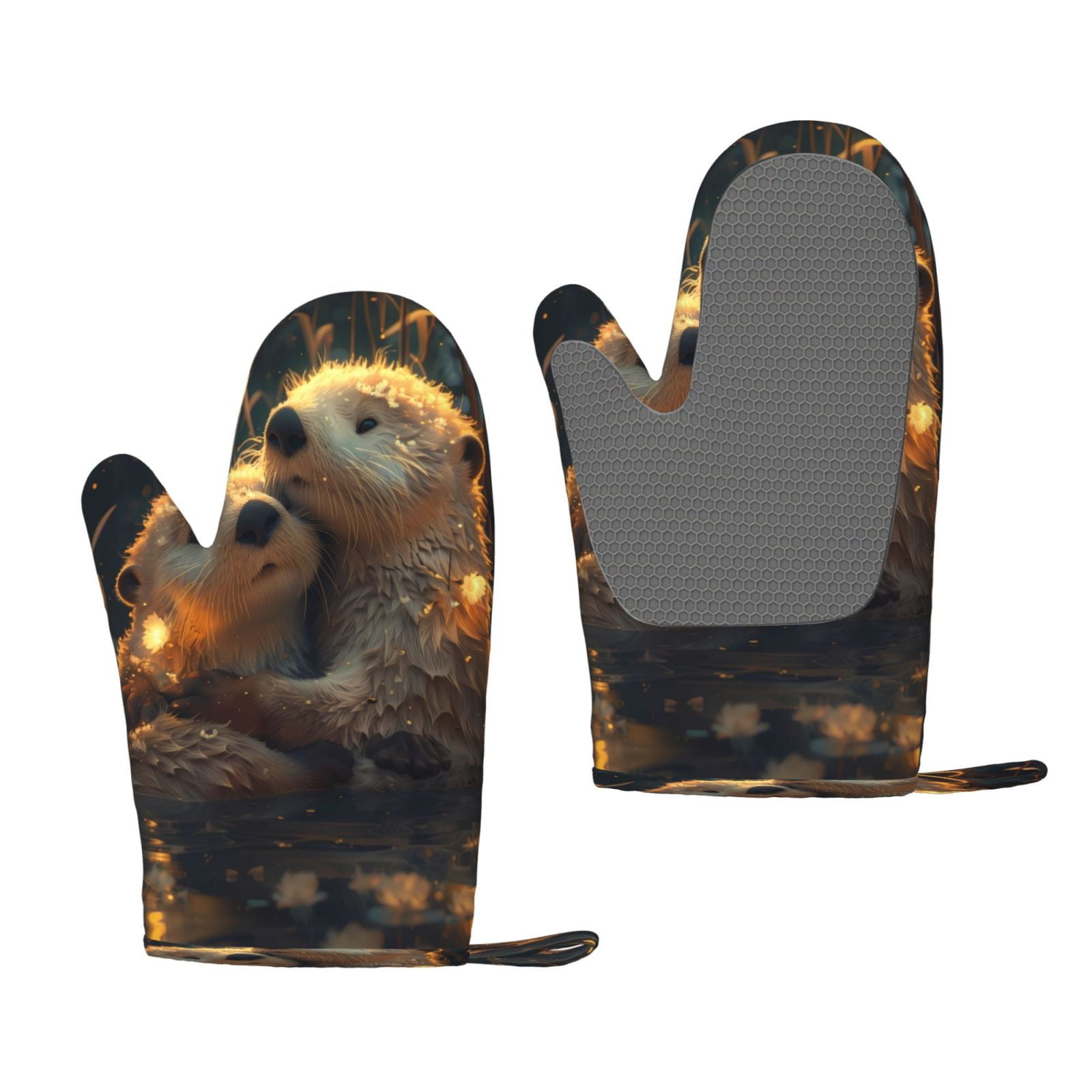 Hirioo Adorable Otter Pair Hug for Silicone Oven Mitts for BBQ, Baking, Cooking, Set of 2, Heat Resistant 260℃, Non-Slip Kitchen Essentials