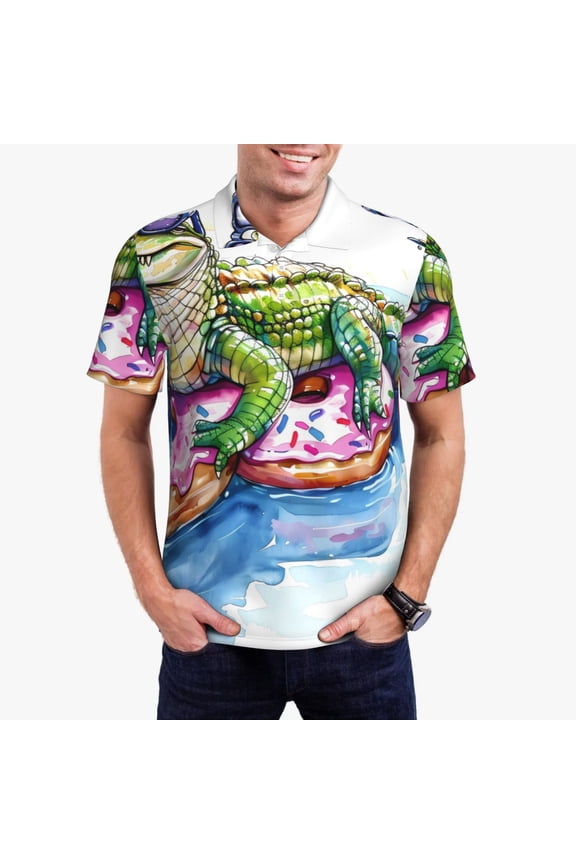 Alligator Donut Pool Float for Men’s Polo Shirts Quick Dry Short Sleeve Golf T Shirt Performance Moisture Wicking Casual Workout,Sizes S-4XL-Large