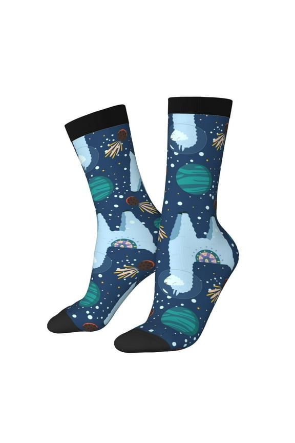 Alpaca Astronaut in Space Pattern Adult Middle Tube Socks Breathable Sock Non-Pilling,Contrasting Color Design