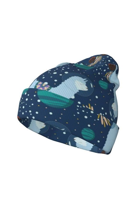 Alpaca Astronaut in Space for Men's Knit Cuffed Beanie for Outdoor Activities Unisex