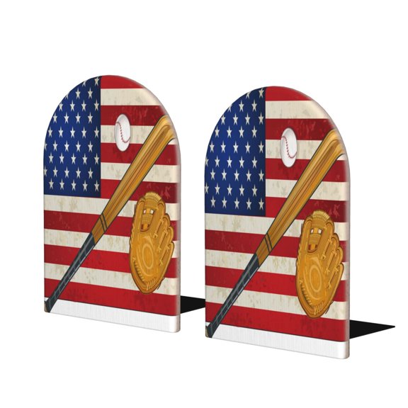 Hirioo American Flag And Baseball for Bookends Decorative Bookends for Shelves for Home or Office, Non-Slip Base