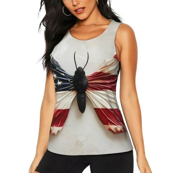 Hirioo American Flag Butterfly Wall for Women's Workout Tank Top Sleeveless Workout Tops Athletic Gym Shirts-Small