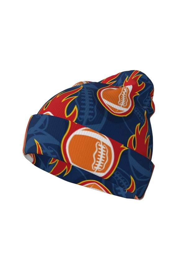 American Football and Fire Flames for Men's Knit Cuffed Beanie for Outdoor Activities Unisex