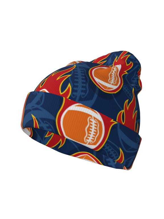 American Football and Fire Flames for Men's Knit Cuffed Beanie for Outdoor Activities Unisex