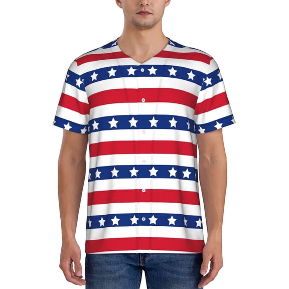 Hirioo American Patriotic Stars And Stripes for Men's Baseball T-shirt Shirts Short Sleeve Casual Summer Button Stretch T Shirts,Size S-4XL-