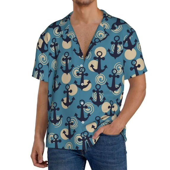 Hirioo Anchors for Men's Cuban Collar Short Sleeve Shirt Button Down Shirt Beach Summer Shirts Wedding Vacation Shirts-Large